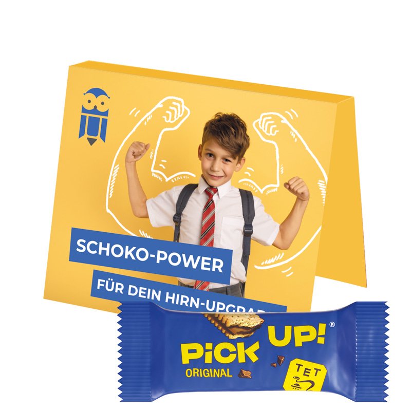 Uitklapkaart van wit karton met Leibniz PiCK UP! Mini koekreep