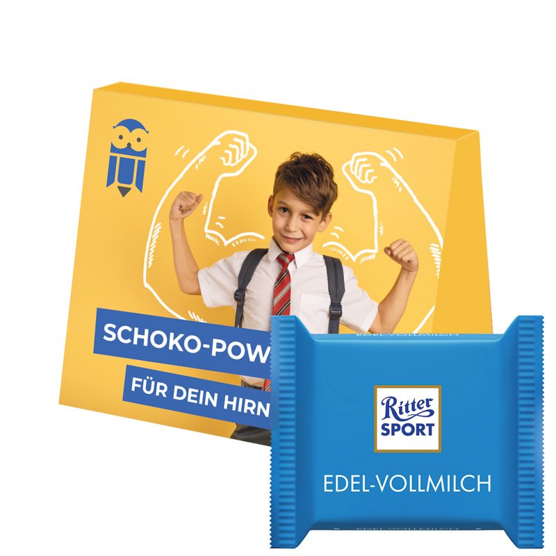 Uitklapkaart van wit karton met Ritter SPORT Mini chocoladereep
