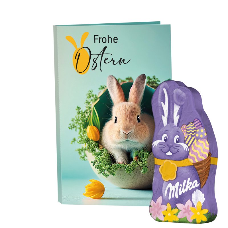 Uitklapbare witte paaskaart met Milka mini-paashaasje in eigen ontwerp