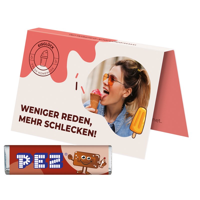 Uitvouwbaar visitekaartje met PEZ-snoepstaafje, cola