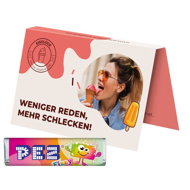 Uitvouwbaar visitekaartje met PEZ-snoepstaafje, fizzy (aardbei, tutti frutti, appel)
