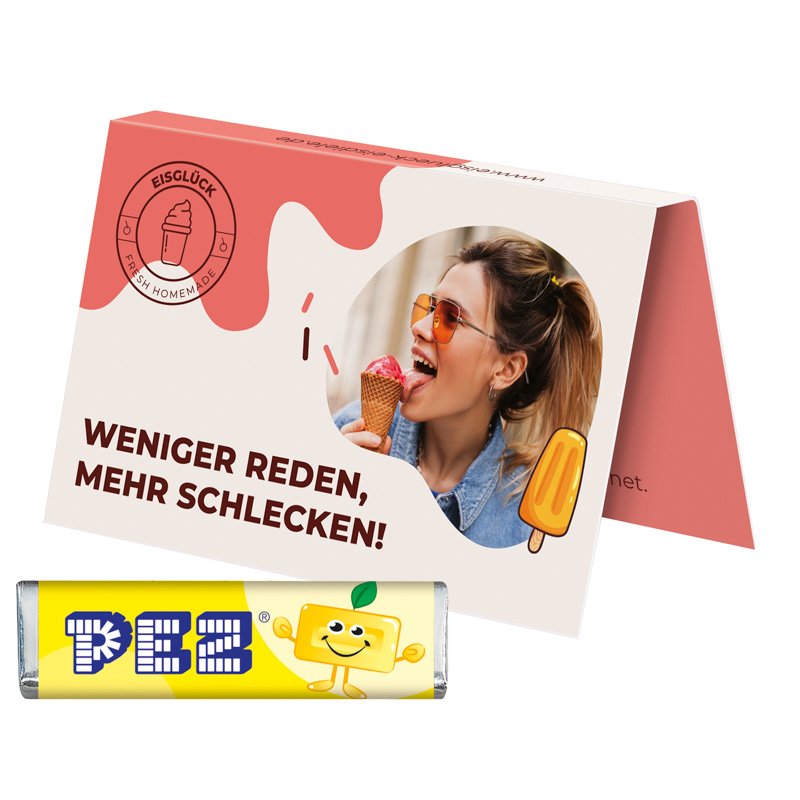 Uitvouwbaar visitekaartje met PEZ-snoepstaafje, citroen
