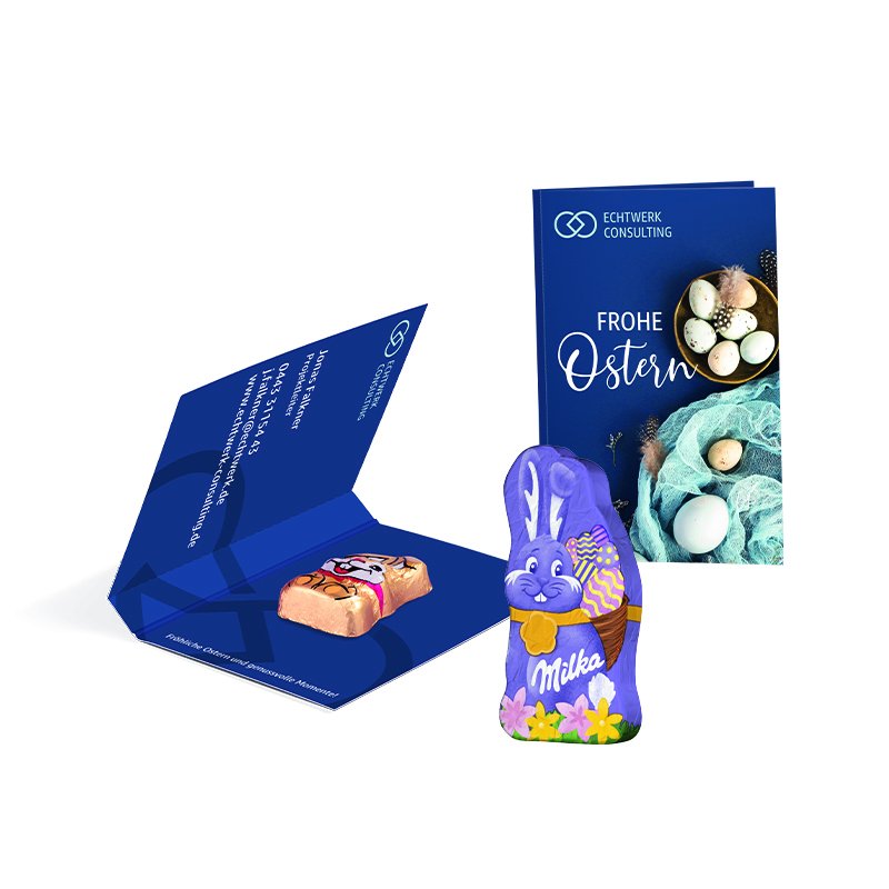 Uitklapbare witte paaskaart in visitekaartformaat met Milka mini-paashaasje