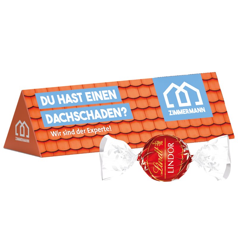 Uitklapbare witte reclamekaart in visitekaartformaat met vier LINDOR-bolletjes en eigen ontwerp