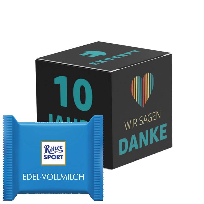Kartonnen kubus met Ritter SPORT mini fijne melkchocolade in eigen ontwerp