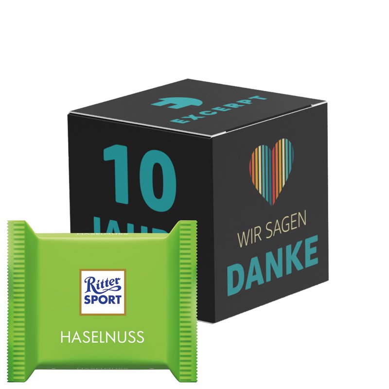 Kartonnen kubus met Ritter SPORT mini hazelnoot in eigen ontwerp