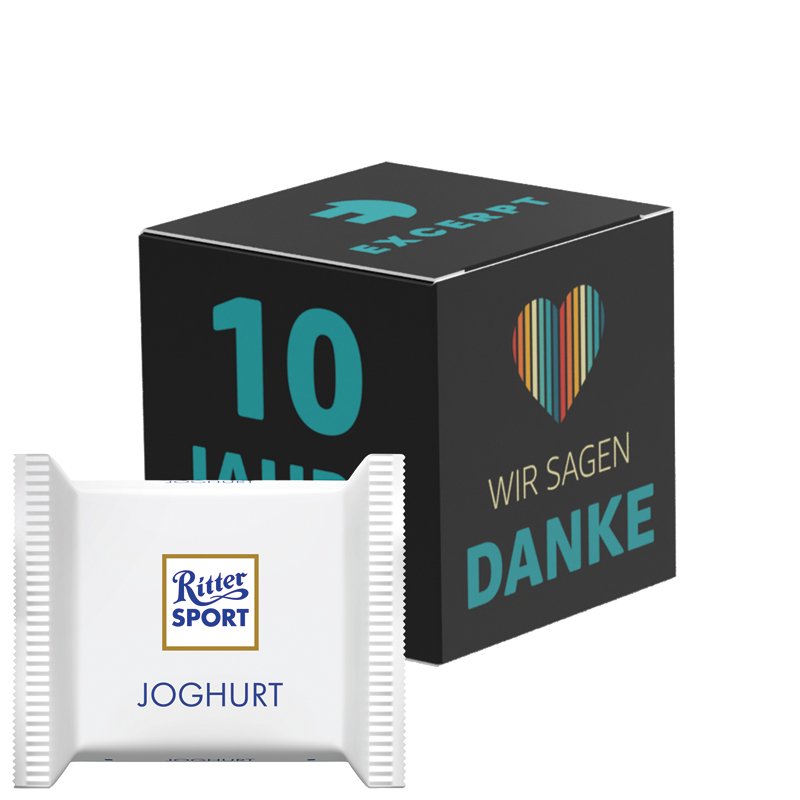 Kartonnen kubus met Ritter SPORT mini yoghurt in eigen ontwerp