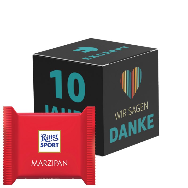 Kartonnen kubus met Ritter SPORT mini marsepein in eigen ontwerp