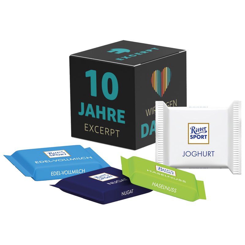 Witte kartonnen kubus met Ritter SPORT mini en rondom bedrukt ontwerp