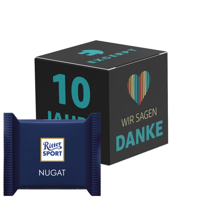 Kartonnen kubus met Ritter SPORT mini nougat in eigen ontwerp