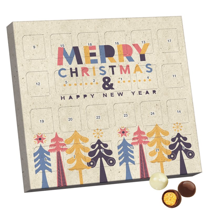 XS adventskalender van graspapier gevuld met zwart-wit omhulde Brandt knapperbolletjes
