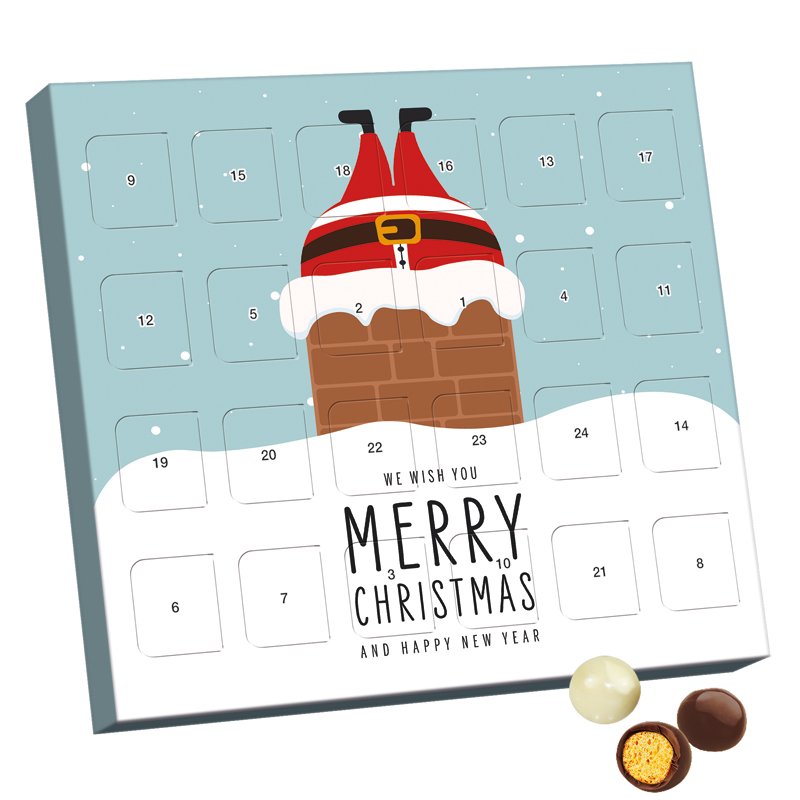 XS adventskalender van wit karton gevuld met zwart-wit omhulde Brandt knapperbolletjes