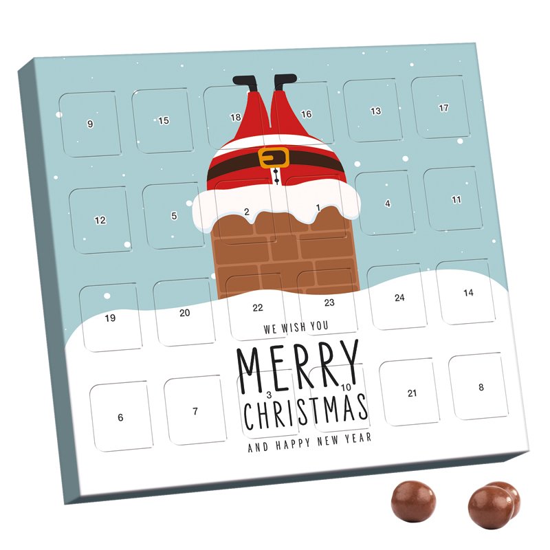 XS adventskalender van wit karton gevuld met Brandt knapperbolletjes in melkchocolade