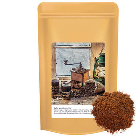 Gemalen koffie (70 gram) in bruine stazak met etiket