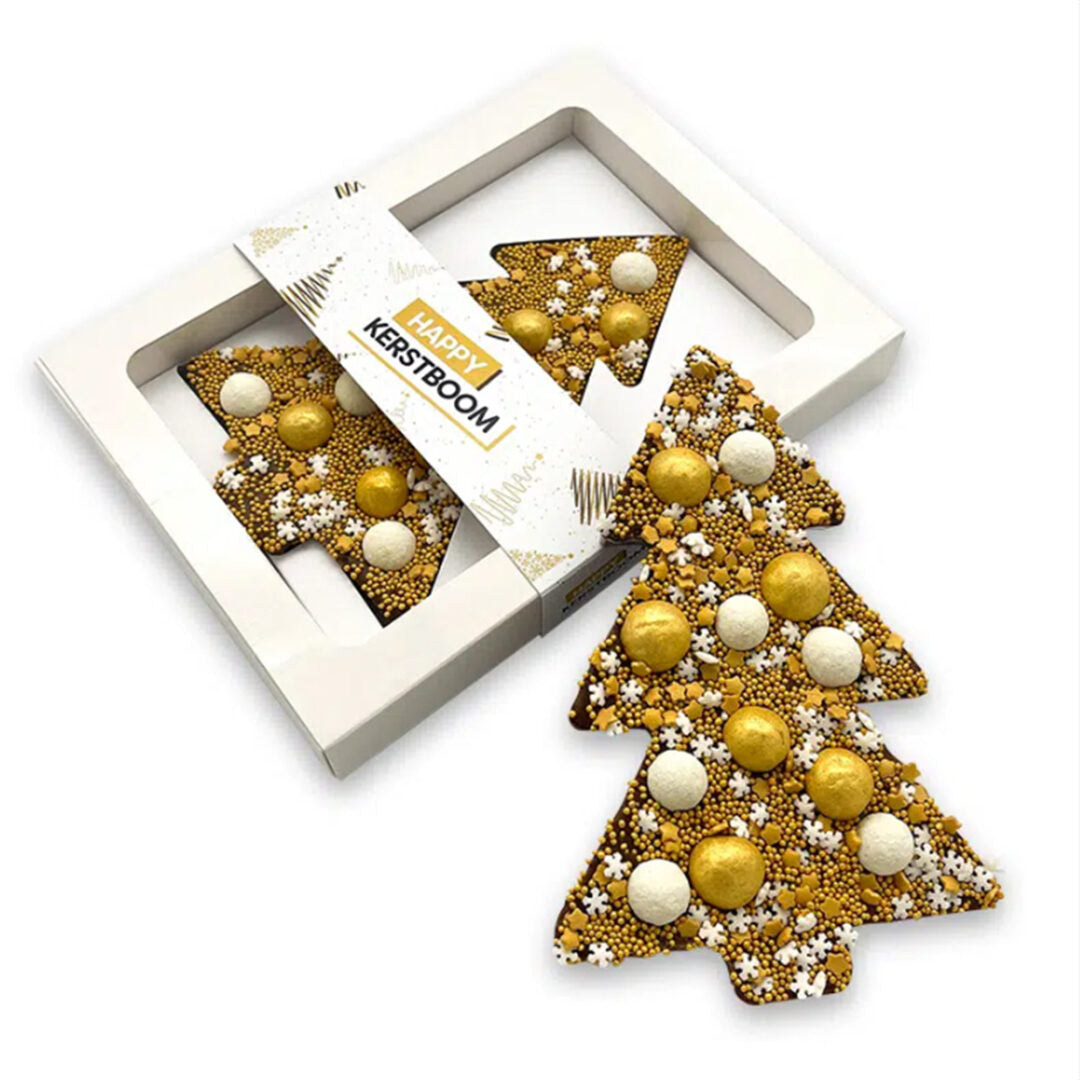Chocolade kerstboom, uitvoering goud in witte doos