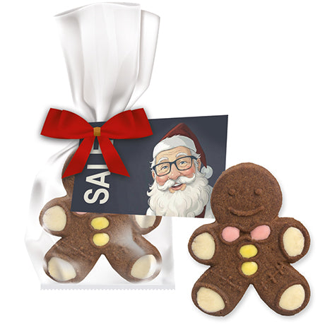 Chocoladekoekje in de vorm van een mannetje in een zakje met rode strik en bedrukt kaartje