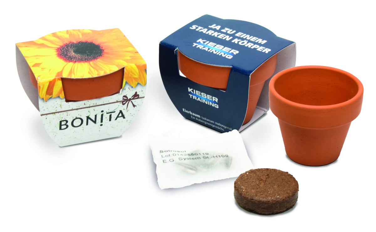 Klein terracotta kweekpotje met kokostablet en zaadzakje, naast bedrukte wikkels als voorbeeld