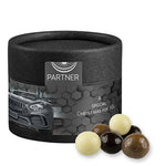 Knusperkugeln-Mix, ca. 25g, Kraftpapierdose mini schwarz bedrukken – promotionele snack