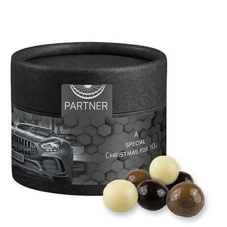 Knusperkugeln-Mix, ca. 25g, Kraftpapierdose mini schwarz bedrukken – promotionele snack