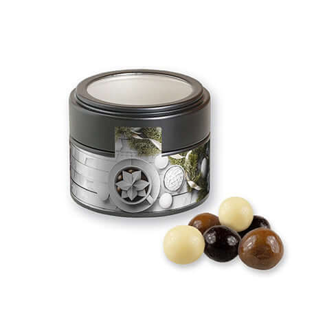 Knusperkugeln-Mix, ca. 45g, Metalldose mini mit Sichtfenster schwarz bedrukken – promotionele snack