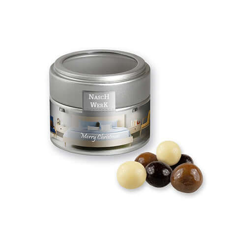 Knusperkugeln-Mix, ca. 45g, Metalldose mini mit Sichtfenster silber bedrukken – promotionele snack