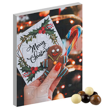 Chocolade crunchbolletjes (50 gram) in staande adventskalender