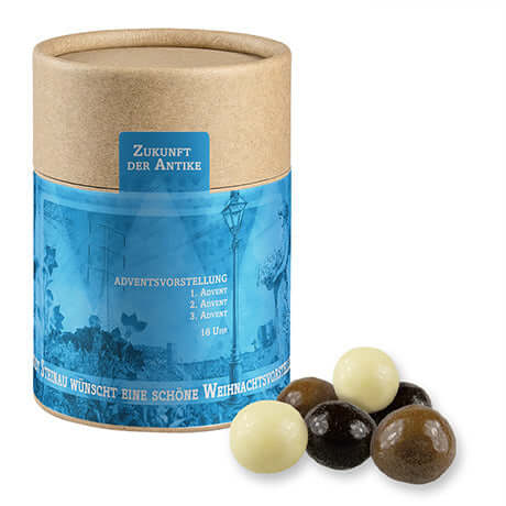 Knusperkugeln-Mix, ca. 50g, Kraftpapierdose Midi bedrukken – promotionele snack