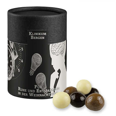 Knusperkugeln-Mix, ca. 50g, Kraftpapierdose Midi schwarz bedrukken – promotionele snack