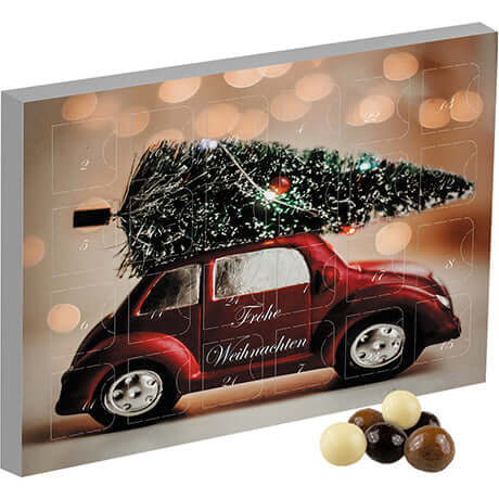 Bedrukte chocolade crunch-kogeltjes in mini adventskalender (ca. 50g)