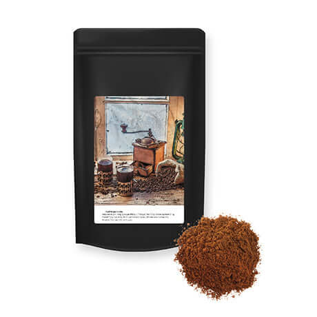 Gemalen koffie (70 gram) in zwarte stazak met etiket