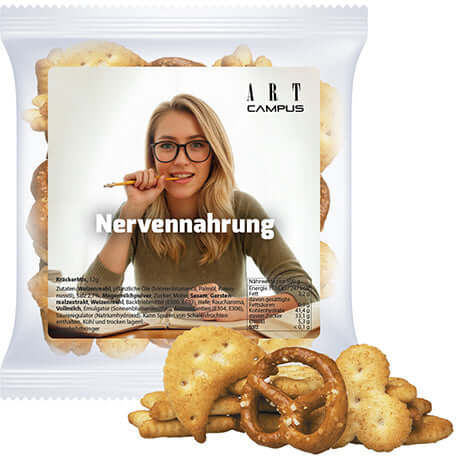 Crackers met logo: crackermix in zakje of snackbeker (12 of 20 gram)