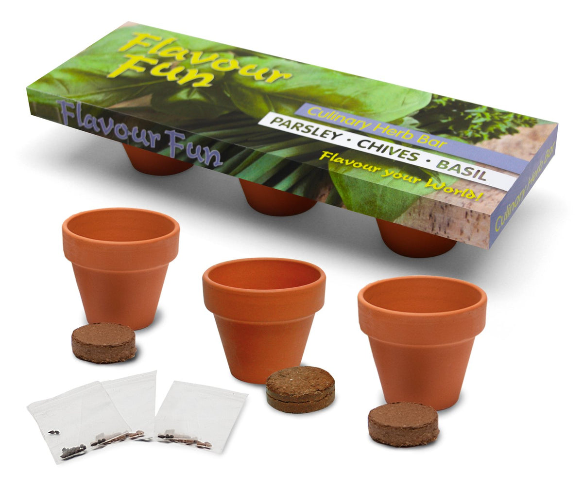 Kweekreep met drie terracotta potjes, kokostabletten en kruidenzaadjes in bedrukte wikkel
