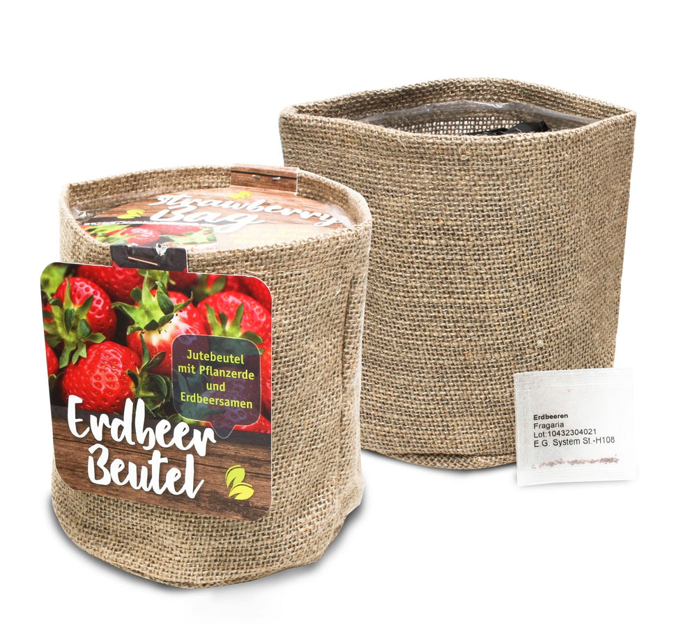 Jute zakje met aardbeienzaadjes in standaard verpakking, naast een leeg jute zakje