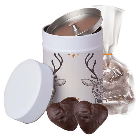Gevulde Lebkuchen-hartjes (100 gram) in metalen blik