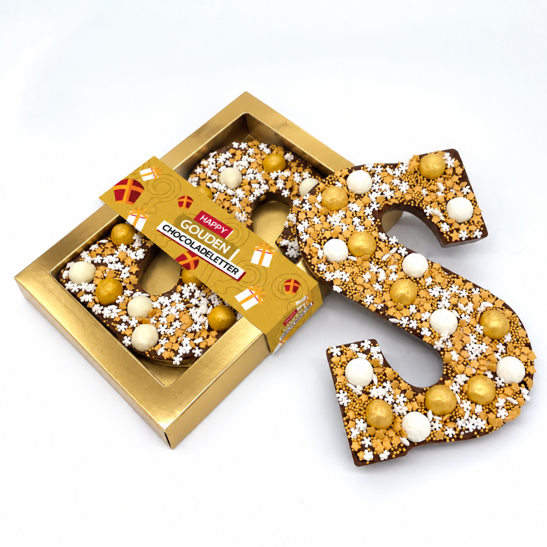 Chocoladeletter S 250 gram, uitvoering goud