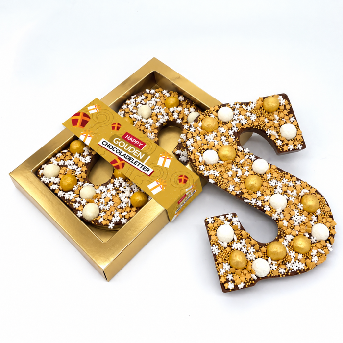 Chocoladeletter S 250 gram met gouden of bonte afwerking