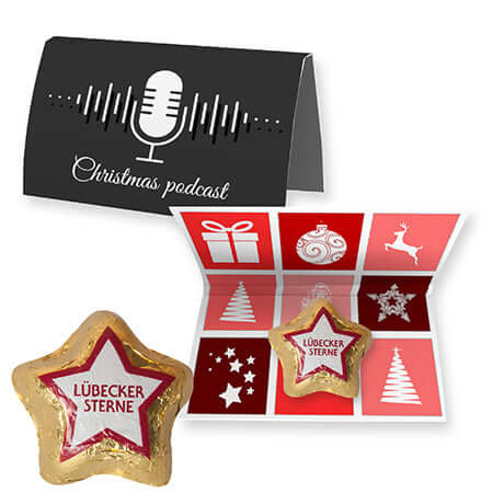 Lübecker marsepeinsterren (12 gram) in gevouwen kerstkaart A6