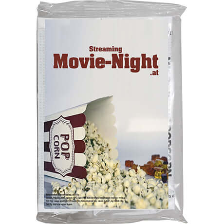 Zoute magnetronpopcorn (100 gram) in transparante verpakking met etiket