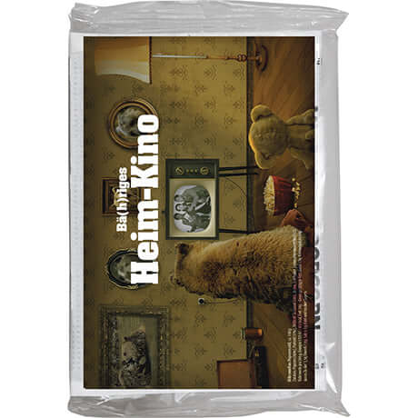 Zoete magnetronpopcorn (100 gram) in transparante verpakking met etiket
