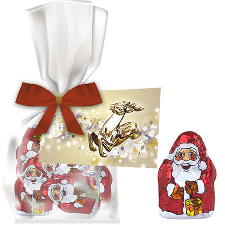 Mini chocoladekerstmannen (35 gram) in zakje met strik en kaartje