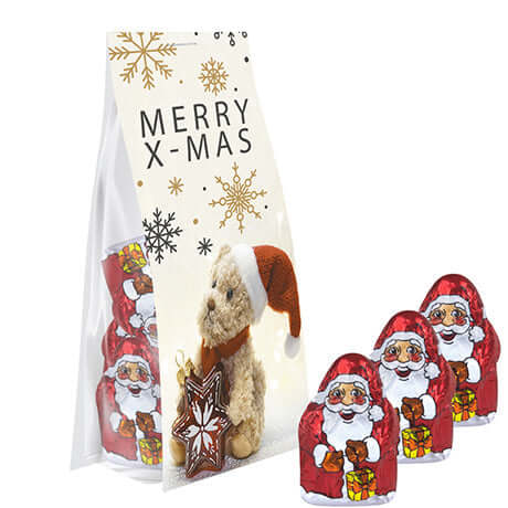Mini chocoladekerstmannen (40 gram) in blokbodemzak met topkaart