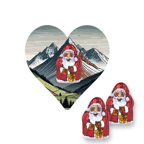 Mini chocoladekerstmannen (7 gram) in mini flyer in hartvorm