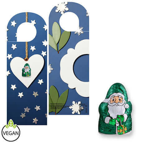Vegan mini chocoladekerstman met logo op flyer, kaart of deurhanger