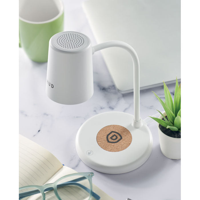 Lamp met oplader en speaker Spot met een bedrukking als voorbeeld