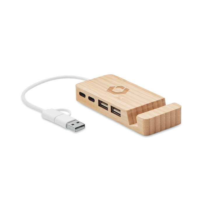 Bamboe USB hub 4 poorten Hubstand met een bedrukking als voorbeeld
