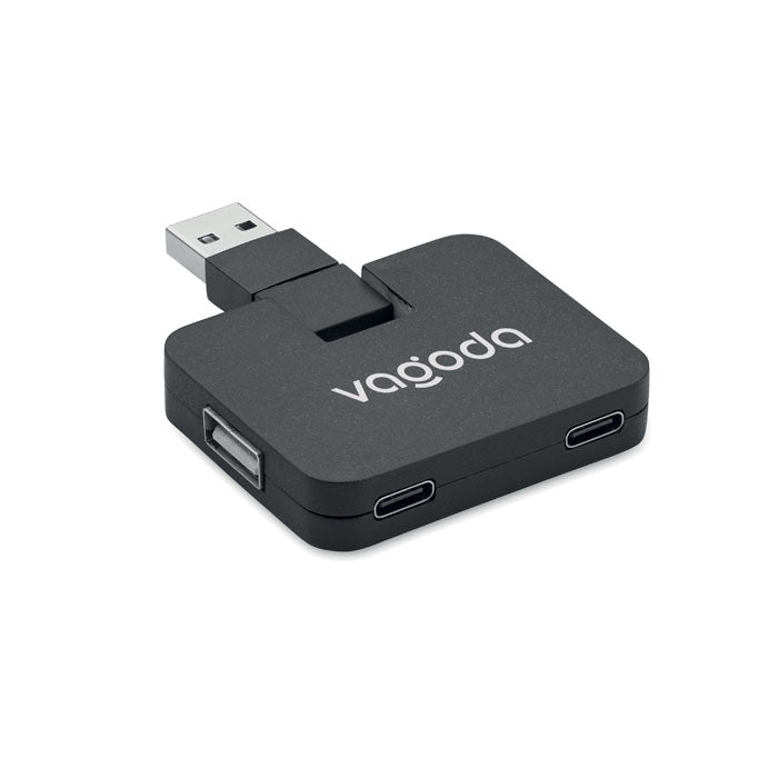 4-poorts USB-hub Square-c met een bedrukking als voorbeeld
