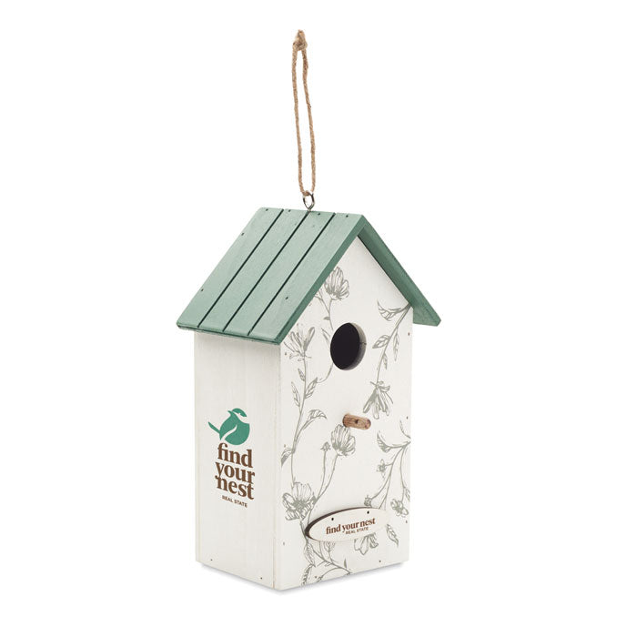 Vogelhuisje van multiplex Greenjay met een bedrukking als voorbeeld