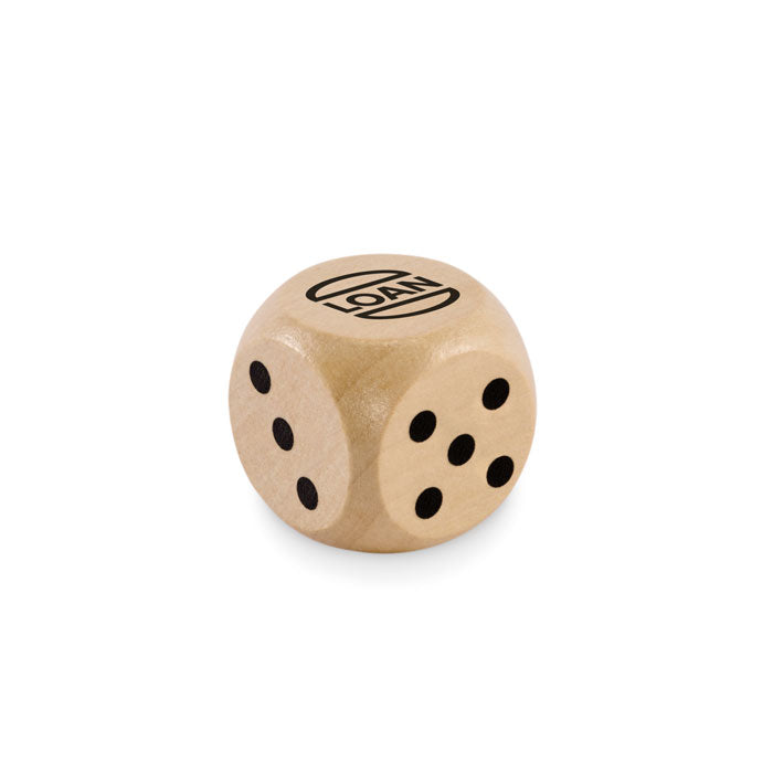 Schima houten dobbelsteen 3 cm Dadin met een bedrukking als voorbeeld