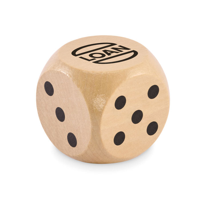 Schima houten dobbelsteen 5 cm Dado met een bedrukking als voorbeeld