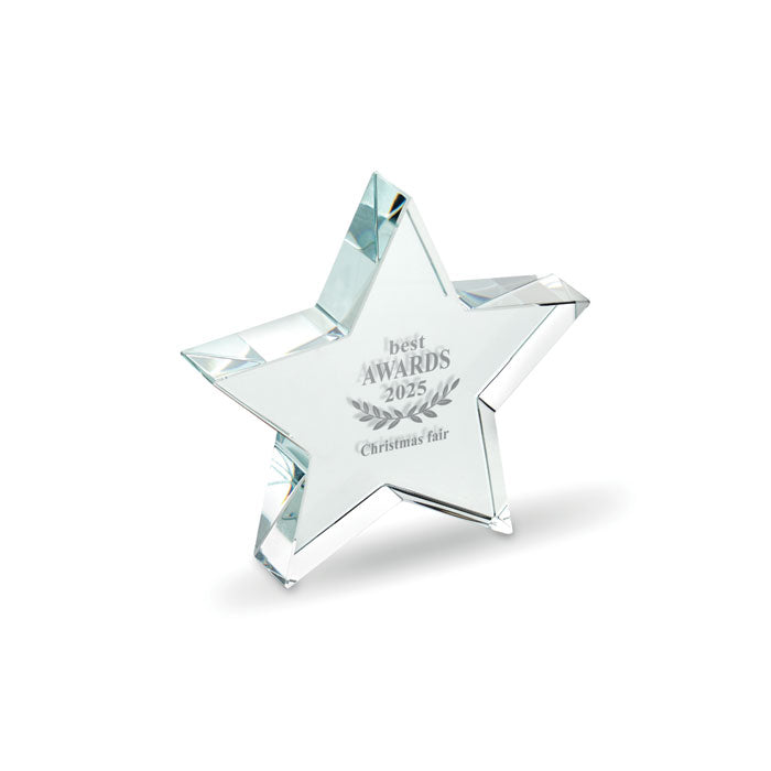 Glazen ster award Starward met een bedrukking als voorbeeld